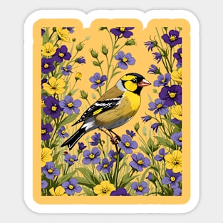 A New Jersey Eastern Goldfinch Surrounded By Common Violet Flowers Sticker